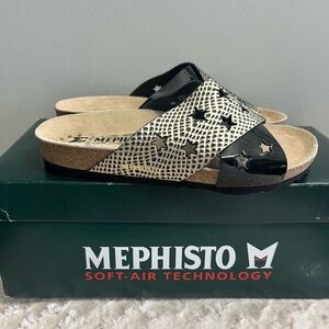 MEPHISTO NANOU STAR CROSSED‎ STRAPS METALLIC/BLACK PATENT LEATHER SANDALS 35
